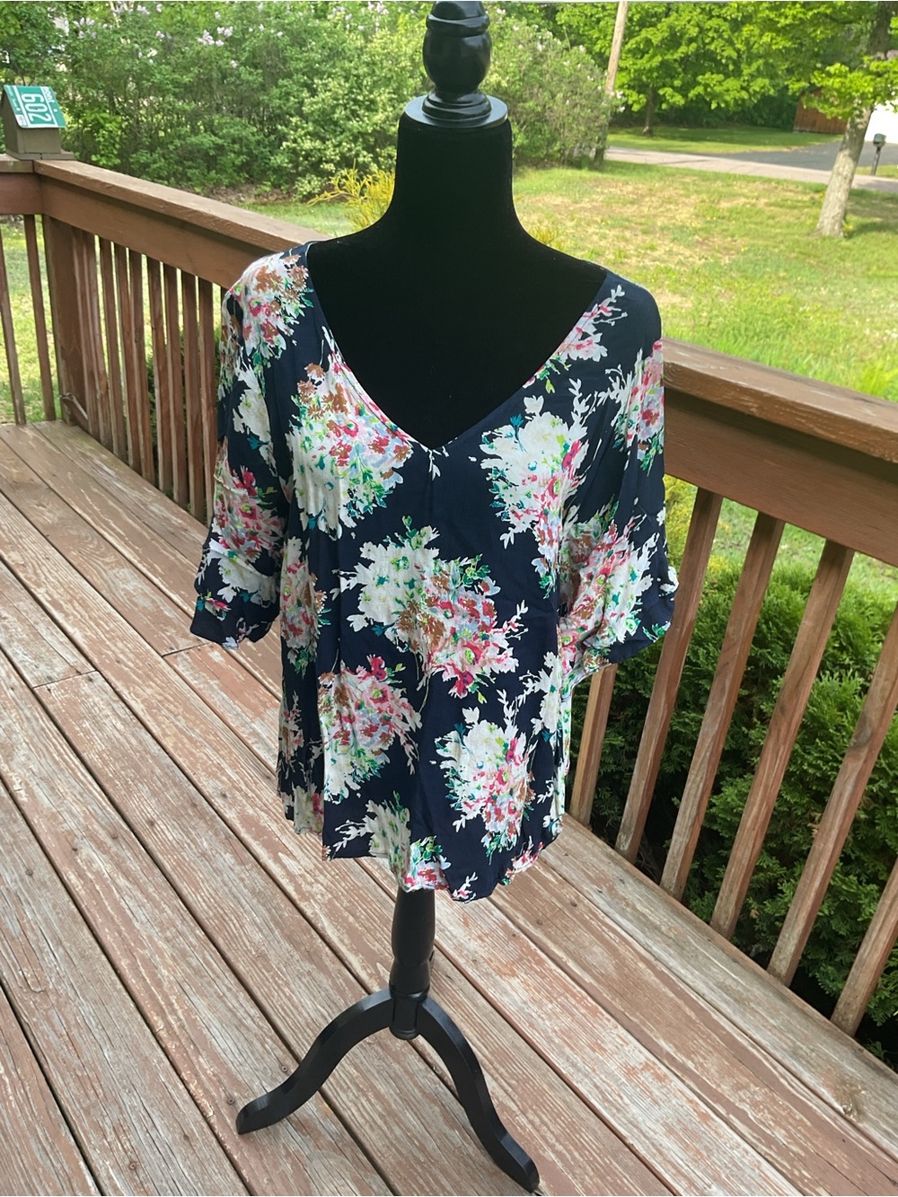 Kori Navy Floral V-Neck Blouse with Pink and White Blooms
